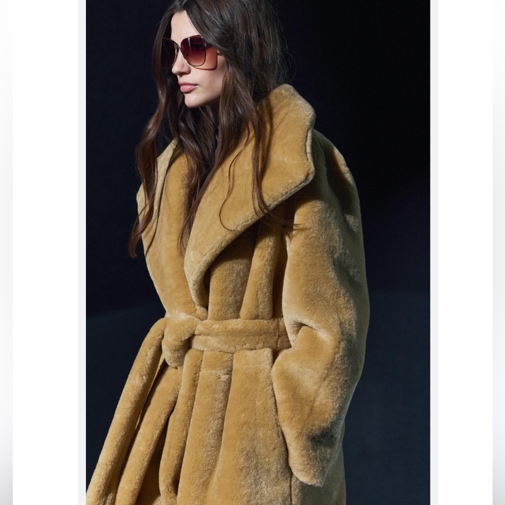 ZARA NEW WOMAN ZW COLLECTION BELTED FAUX FUR COAT BEIGE - Picture 6 of 8